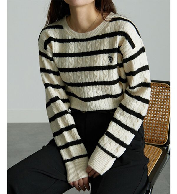 RANAN（ラナン）の「＜U.S.POLO ASSN.ユーエスポロアッスン＞ ワンポイントケーブルニット（ニット・セーター）」｜オフホワイト系ボーダー