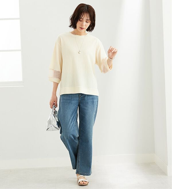 BELLUNA（ベルーナ）の「ジャカード素材袖メッシュレースプルオーバー（カットソー）」｜詳細画像