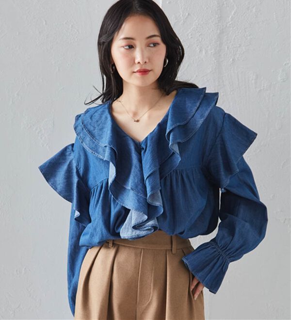 RANAN（ラナン）の「ビッグカラーフリルデニムブラウス（ブラウス）」｜詳細画像