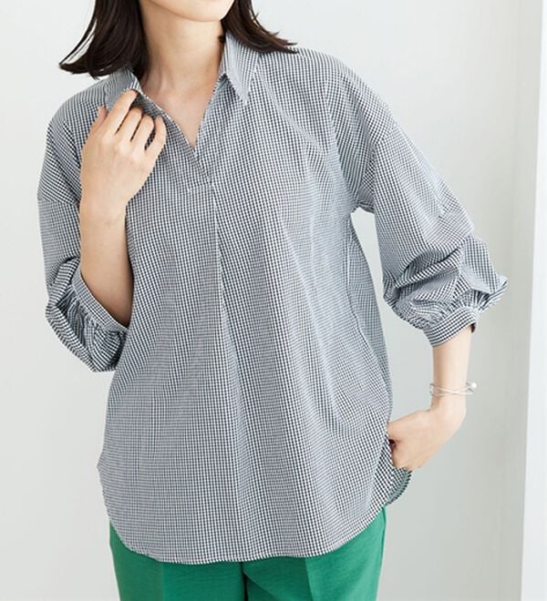 BELLUNA（ベルーナ）の「袖タックデザインスキッパーシャツ（シャツ）」｜ギンガム