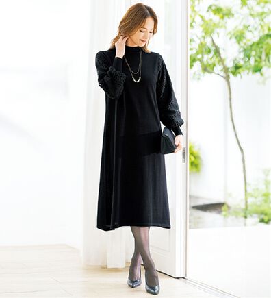 ルフラン（ルフラン）の「袖レース濃黒ニットワンピース（ニットワンピース）」