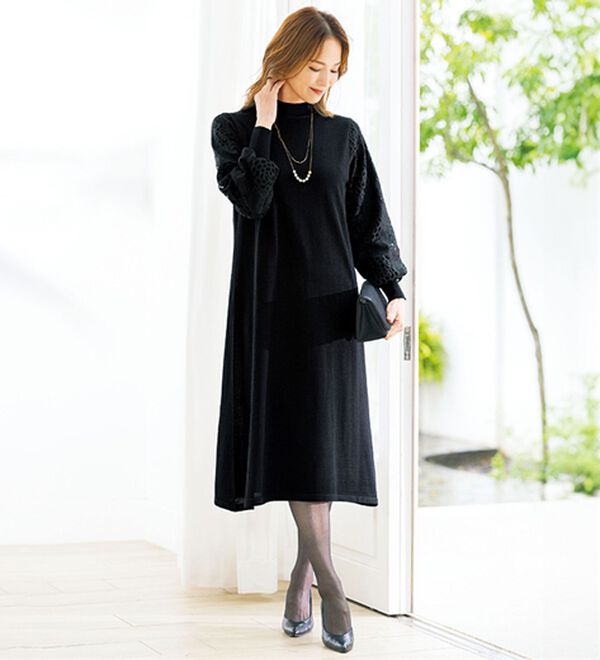 ルフラン（ルフラン）の「袖レース濃黒ニットワンピース（ニットワンピース）」｜黒