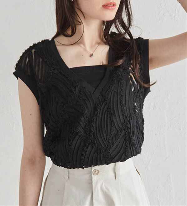 RANAN（ラナン）の「【前後２ＷＡＹ】シアー刺しゅうベスト（ベスト）」｜ブラック