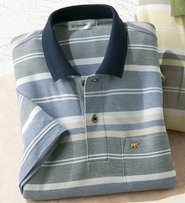 「＜ゴールデンベア＞マルチボーダーポロシャツ（メンズポロシャツ）」｜ネイビー系