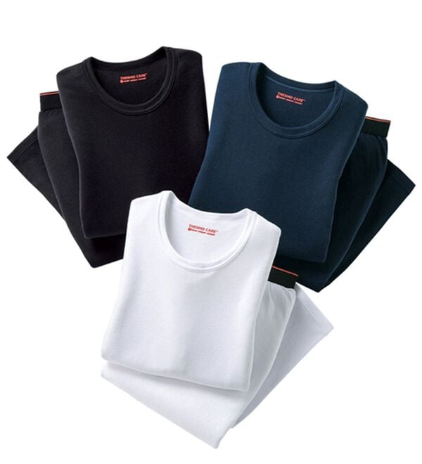 「【３色組】サーモケア（Ｒ）吸湿発熱綿混裏起毛インナー上下３色組（メンズ肌着・インナーウェア）」｜長袖丸首上下3色組