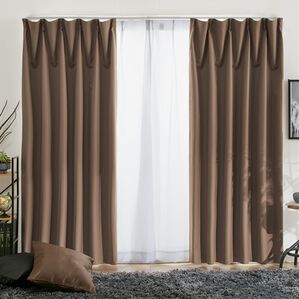 iellio（イエリオ）の「【８日間限定価格】１００％遮光＆防音＆断熱保温ＵＶ見えにくいレース付カーテンセット＜４枚組・遮光１級・無地・洗える・形状記（ドレープカーテン）」｜ブラウン