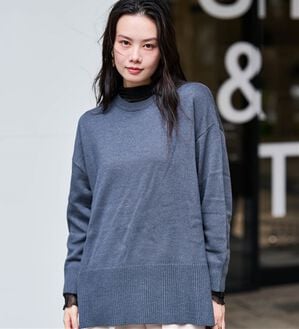 RANAN（ラナン）の「ワイドリブ使いカラーニットチュニック（ニット・セーター）」｜チャコール（クルーネック）