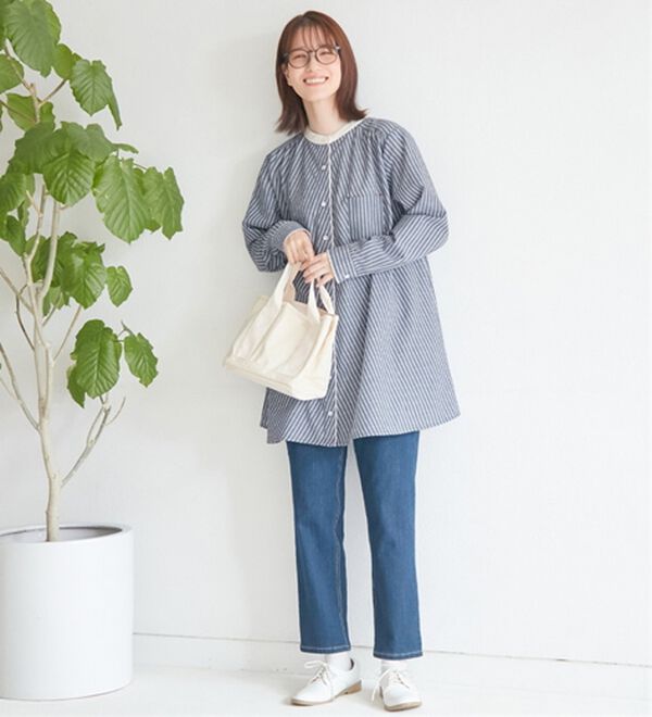 Viola e Viola（ヴィオラ エ ヴィオラ）の「Ａラインフレアーチュニックブラウス（チュニック）」｜ネイビーストライプ
