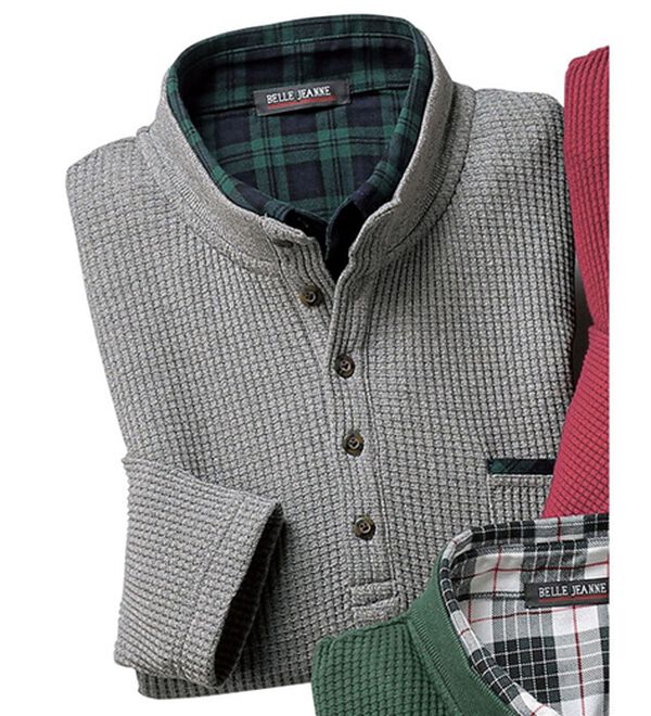 「重ね着いらずのダブル衿トレーナー（メンズトレーナー）」｜杢グレー