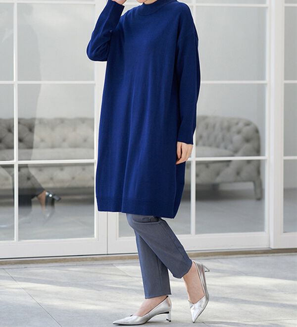 RANAN（ラナン）の「カシミヤタッチニットチュニックワンピース（チュニック）」｜ネイビー ハイネック