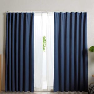 iellio（イエリオ）の「防炎＆１・２級遮光＆断熱保温＆ＵＶ見えにくいレース付カーテンセット＜４枚組・防炎・遮光１級・洗える・無地・レースカーテン＞（ドレープカーテン）」｜ネイビー