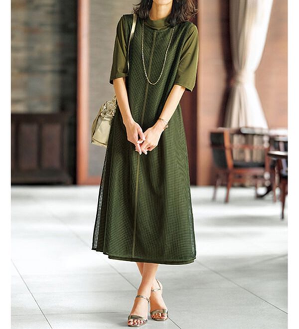 BELLUNA（ベルーナ）の「メッシュベスト付ロングワンピース（ロングワンピース）」｜カーキ