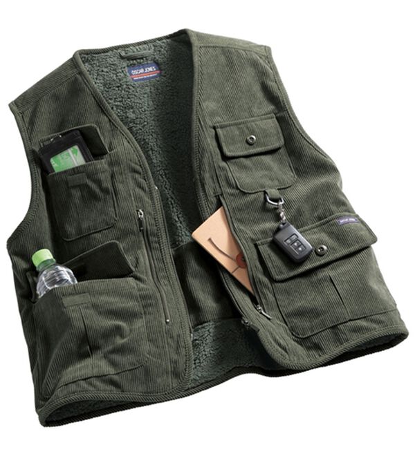 「柔らかコーデュロイ裏ボア多ポケットベスト（メンズベスト）」｜カーキ