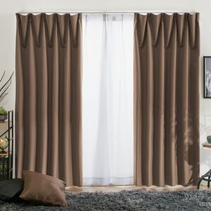 iellio（イエリオ）の「１００％遮光＆防音＆断熱保温ＵＶ見えにくいレース付カーテンセット＜４枚組・遮光１級・無地・洗える・形状記憶加工・新生活＞（ドレープカーテン）」｜ブラウン
