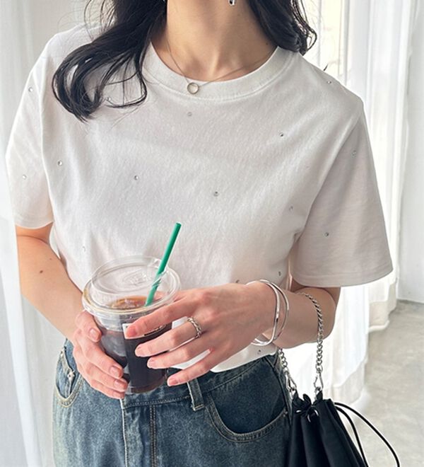 GeeRA（ジーラ）の「綿１００％ラインストーンドットＴシャツ（カットソー）」｜詳細画像