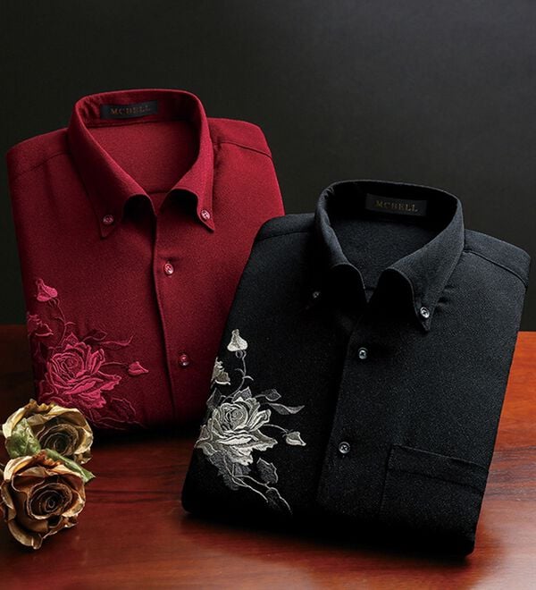 「日本製　バラ刺しゅうワンピース衿シャツ（メンズシャツ）」｜詳細画像