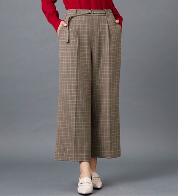 BELLUNA（ベルーナ）の「サマ見え（Ｗ）ベルト付ワイドパンツ（ワイドパンツ・ガウチョ）」｜ブラウン系チェック