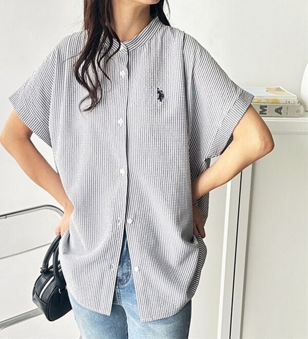 GeeRA（ジーラ）の「【ＵＳ．ＰＯＬＯ．ＡＳＳＮ】ポコポコ素材フレンチスリーブシャツ（シャツ）」｜ネイビー系ストライプ