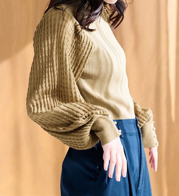 RANAN（ラナン）の「パール調ボタン付シアー袖ニットプルオーバー（ニット・セーター）」｜ベージュ