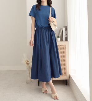 Viola e Viola（ヴィオラ エ ヴィオラ）の「【Ｍ～５Ｌ】ゆったり異素材ドッキングワンピース（ドッキングワンピース）」｜スモーキーブルー