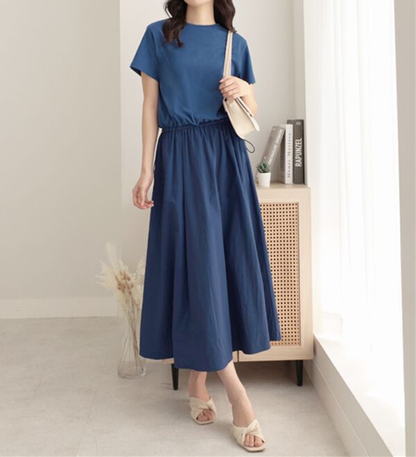 Viola e Viola（ヴィオラ エ ヴィオラ）の「【Ｍ～５Ｌ】ゆったり異素材ドッキングワンピース（ドッキングワンピース）」｜スモーキーブルー