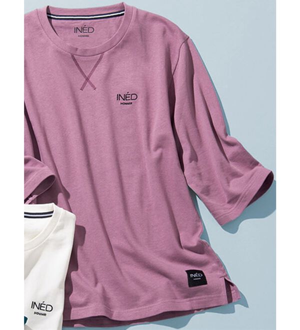 「＜イネド＞綿１００％ゆったり６分袖ライトトレーナー（メンズトレーナー）」｜バイオレットピンク