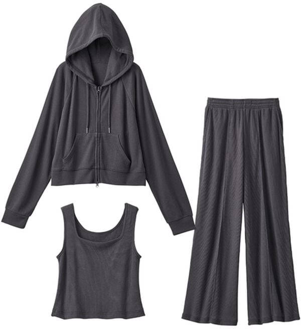 YU'NOW（ユナウ）の「＜ショートパーカータイプ＞ワッフルルームウェア３点セット（パジャマ・ルームウェア）」｜詳細画像