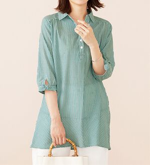 BELLUNA（ベルーナ）の「綿１００％ストライプ袖リボンチュニック（チュニック）」｜ターコイズ系