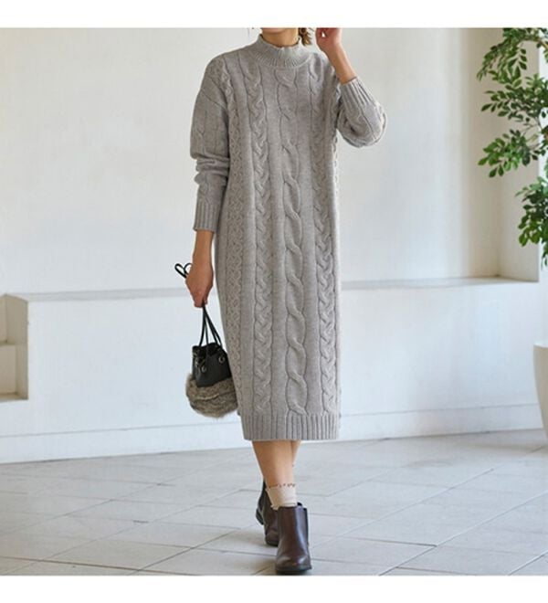 BELLUNA（ベルーナ）の「ケーブル柄ロング丈ニットワンピース（ニットワンピース）」｜詳細画像