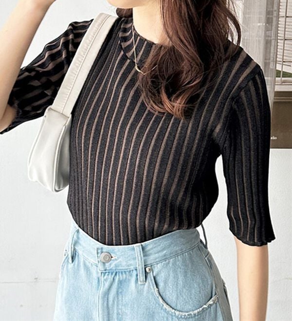 GeeRA（ジーラ）の「配色リブハイネックニット（ニット・セーター）」｜ブラック系