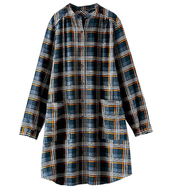 BELLUNA（ベルーナ）の「袖ゴム使いチェック柄シャツチュニック（チュニック）」｜チャコール系