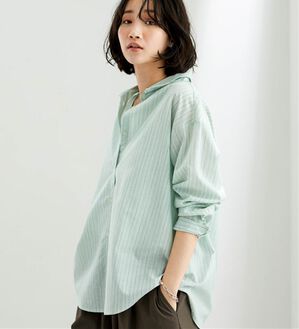 BELLUNA（ベルーナ）の「麻入りイージーケアゆったりシャツ（シャツ）」｜グリーンストライプ