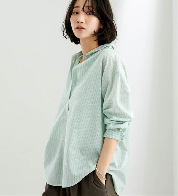 BELLUNA（ベルーナ）の「麻入りイージーケアゆったりシャツ（シャツ）」｜グリーンストライプ
