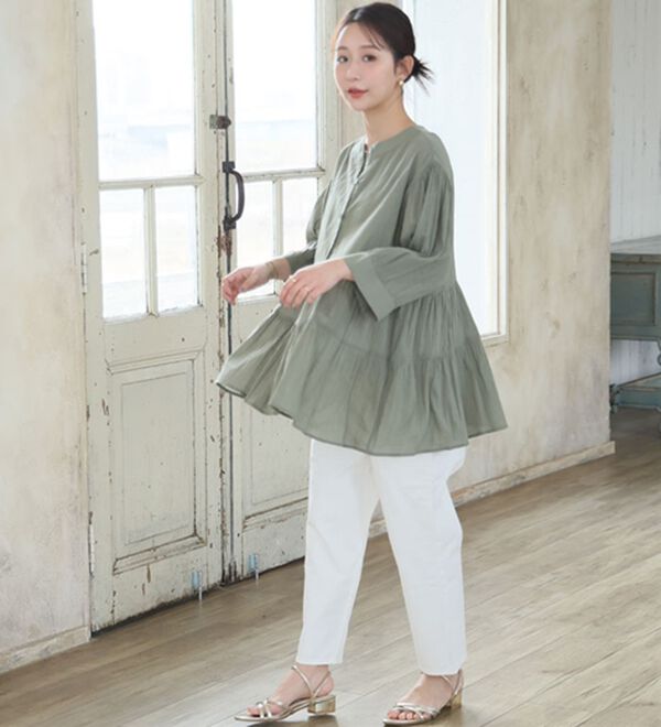 A HAPPY MARILYN（アハッピーマリリン）の「【Ｌ～６Ｌ】【風通るプレミアム】綿・楊柳七分袖ティアードブラウス（ブラウス）」｜詳細画像