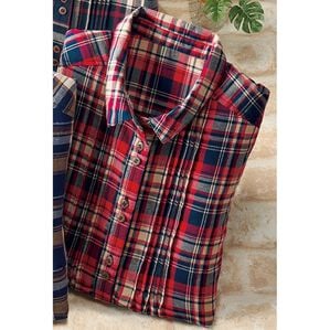 BELLUNA（ベルーナ）の「綿混素材チェック柄シャツチュニック（チュニック）」｜赤系