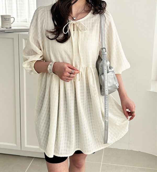 GeeRA（ジーラ）の「前後２ＷＡＹチェックペプラムチュニック（チュニック）」｜アイボリー