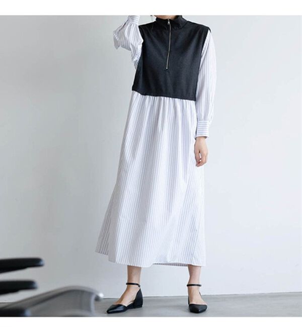 RANAN（ラナン）の「ジップデザイン異素材切替ストライプワンピース（その他ワンピース）」｜詳細画像