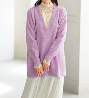 BELLUNA（ベルーナ）の「衿レイヤードで気分が上がる！Ｖネックゆったりセーター（ニット・セーター）」｜ラベンダー