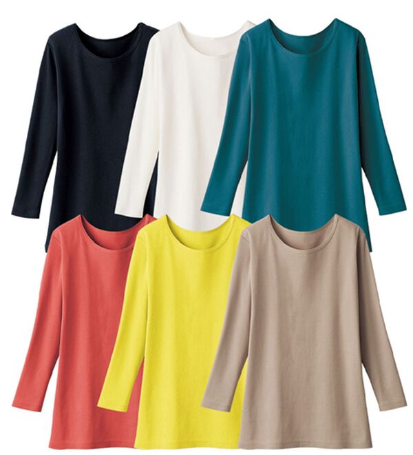 LAVIENNE（ラヴィエンヌ）の「【ＵＶカット】着回し力抜群！綿１００％クルーネックプルオーバー（８分袖）＜カラフルコットン＞（肌着・インナーウェア）」｜6色組