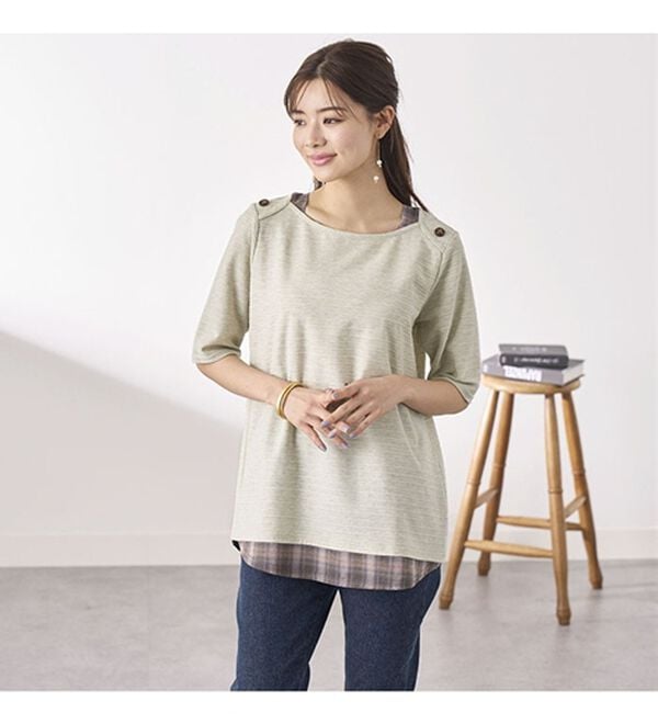 BELLUNA（ベルーナ）の「ひんやり冷感！タックジャカード素材重ね着風プルオーバー（カットソー）」｜詳細画像