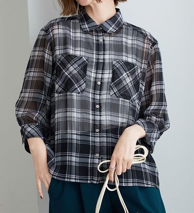 BELLUNA（ベルーナ）の「シフォン楊柳チェック柄プリントシャツ（シャツ）」