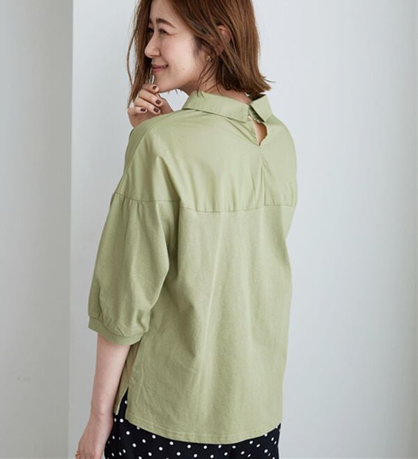 BELLUNA（ベルーナ）の「衿付き異素材切替プルオーバー（カットソー）」｜オリーブ