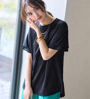 alotta（アロッタ）の「【接触冷感】＜丈が選べる＞袖口シフォントップス／チュニック（カットソー）」｜ネイビー／チュニック丈