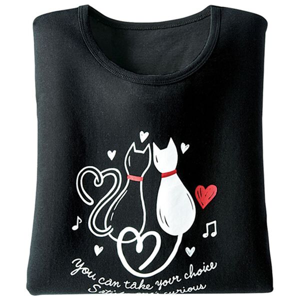 BELLUNA（ベルーナ）の「綿１００％プリントＴシャツ（Tシャツ）」｜黒・猫