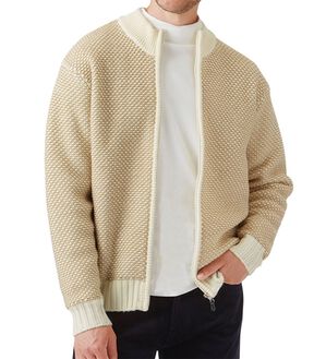 「お洒落編地柄ニットジャケット（メンズブルゾン）」｜オフホワイト