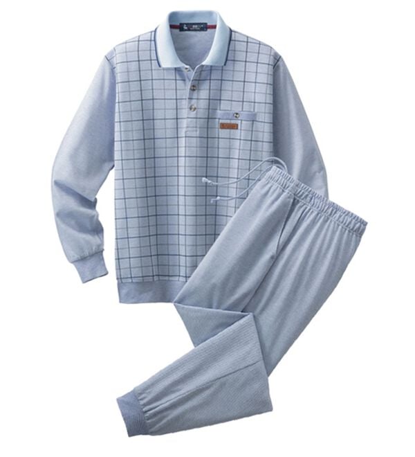 「【２着組】＜カルビア＞柄違い紳士のリラックスポロ衿ホームスーツ（メンズルームウェア）」｜詳細画像