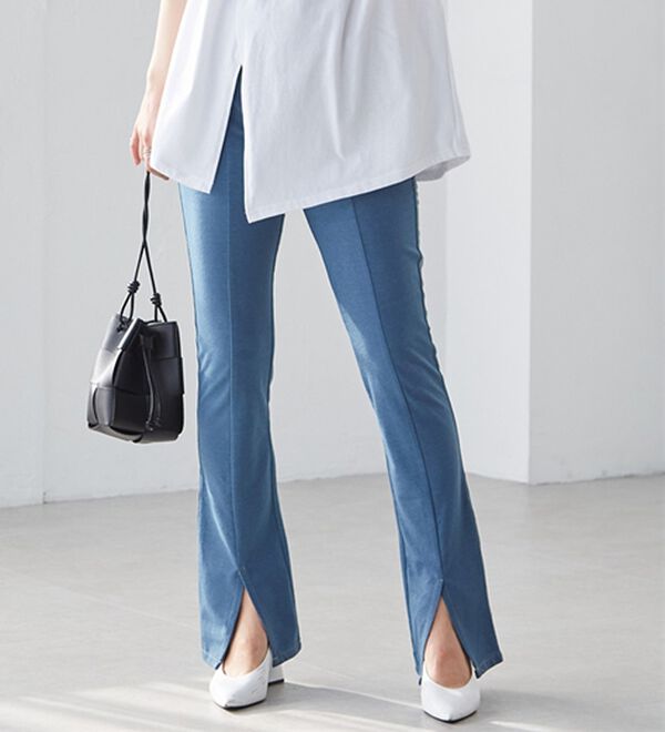 RANAN（ラナン）の「ひんやり！デニム調スリットパンツ（フルレングスパンツ）」｜詳細画像