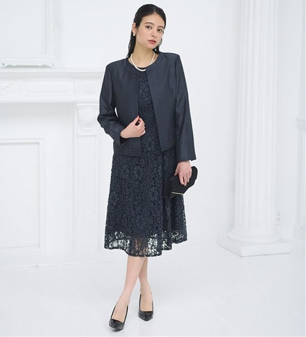 BELLUNA（ベルーナ）の「シャンタン素材ノーカラージャケットレースワンピースアンサンブル（ワンピースセットスーツ）」｜詳細画像