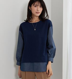 BELLUNA（ベルーナ）の「ケーブル&times;デニム切替チュニック（チュニック）」｜ネイビー系