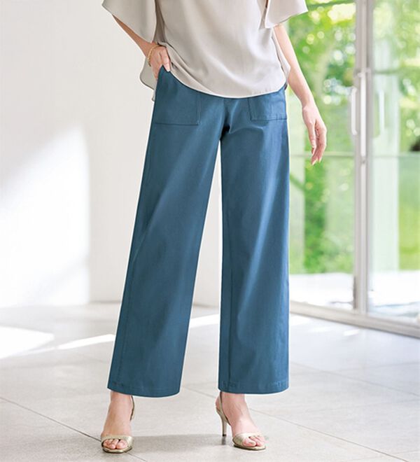 BELLUNA（ベルーナ）の「ひんやり綿混ハイパー美脚ストレッチワイドパンツ（フルレングスパンツ）」｜デニム調